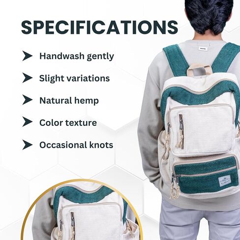 Handmade Multi-Pocket Hemp Backpack, Green – Durable Backpack with Adjustable Straps, Spacious 17L Storage for Travel, Work, Hiking, and Everyday Use in Saudi Arabia