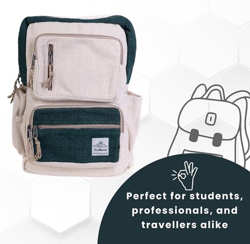 Handmade Multi-Pocket Hemp Backpack, Green – Durable Backpack with Adjustable Straps, Spacious 17L Storage for Travel, Work, Hiking, and Everyday Use in Saudi Arabia