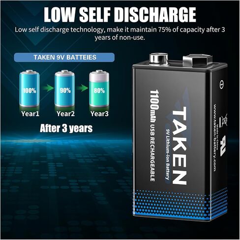 بطاريات ليثيوم 9 فولت قابلة لإعادة الشحن، عبوتان بطارية 9 فولت مع كابل منفذ USB ونوع C، تدوم طويلاً in Saudi Arabia