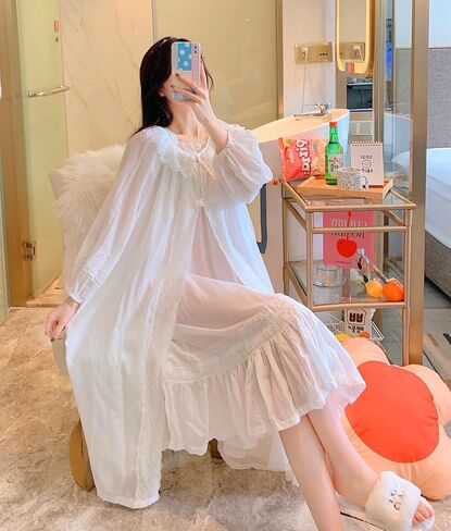 Women's Vintage Nightgown with Robe 2 Pcs Cotton Victorian Sleepwear Sexy Slip Dress Robe Set in Saudi Arabia