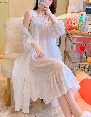 Women's Vintage Nightgown with Robe 2 Pcs Cotton Victorian Sleepwear Sexy Slip Dress Robe Set in Saudi Arabia