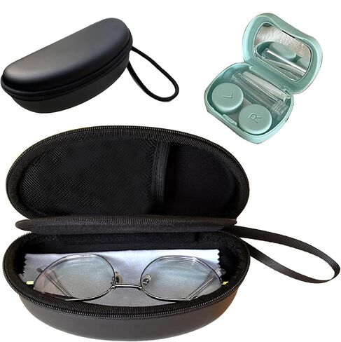 2 in 1 Contact Lens Case and Glasses Case Combo, Double Sided Dual Use Design Eyeglasses Case, Leak Proof & Portable, Tweezer and Contact Lens Solution Bottle Included for Travel Kit (Grey) in Kuwait
