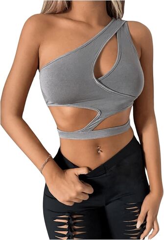 MakeMeChic Women's Cut Out One Shoulder Sleeveless Solid Camisole Shirt Y2K Crop Tank Tops in Saudi Arabia