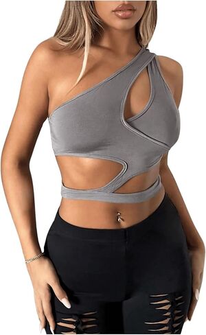 MakeMeChic Women's Cut Out One Shoulder Sleeveless Solid Camisole Shirt Y2K Crop Tank Tops in Saudi Arabia
