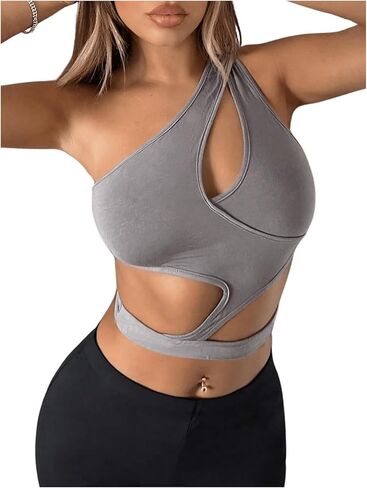 MakeMeChic Women's Cut Out One Shoulder Sleeveless Solid Camisole Shirt Y2K Crop Tank Tops in Saudi Arabia