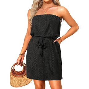 Women Swimsuit Beach Cover Ups - Strapless Tube Top Sundress Summer Dress with Pockets