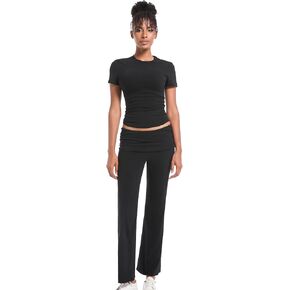 2 Piece Lounge Sets for Women Short Sleeve Crop Top Fold Over Flare Leggings Pants Y2K Casual Outfits Pajamas Set