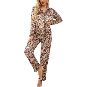 Ekouaer Womens Satin Pajama Set Classic Pattern Silky Pj Sets Button Down Sleepwear Loungewear