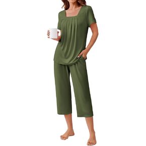 Ekouaer Pajama Set for Women Short Sleeve Top With Capri Pants Pjs 2 Piece O Neck Loungewear Soft Sleepwear with Pockets