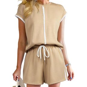 SHEWIN Women's Two Piece Lounge Sets Casual Short Sleeve Pullover Tops Matching Drawstring Shorts Cozy Pajamas Set