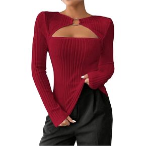 Floerns Women's Cut Out Long Sleeve T Shirt Ribbed Knit Crew Neck Slim Fit Tee Tops