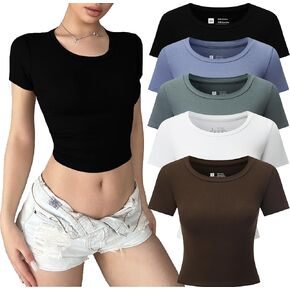 5 Pack Women's Casual Basic Going Out Crop Tops Short Sleeve Slim Fit Sexy Crew Neck Tight T Shirts
