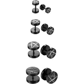 OIDEA Assorted 4 Pairs Stainless Steel 6-12MM Fake Gauges Pentagram Earrings Dumbbell Studs,Hypoallergenic