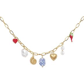 Trendy Stainless Steel Gold Plated Charm Necklace with Heart Pearl Pepper Conch Ceramic Pendant Necklace for Women Collares Chokers Jewelry