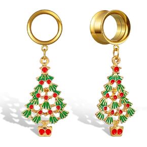Christmas Tree Ear Tunnel Plugs for Women 18K Gold Plated Stainless Steel Double Flared Plugs 8-16mm Ear Gauges Expander Tunnels Xmas Body Piercing Jewelry