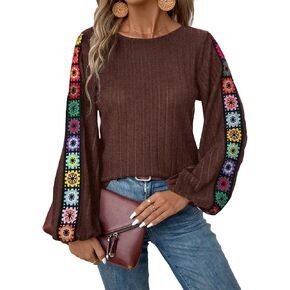 Womens Long Sleeve Tunic Tops Casual Crew Neck Lace Shirts Casual Trendy