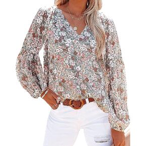 Bengbobar Blouses for Women Fashion V Neck Long Sleeve Blouse for Women Peasant Floral Chiffon Flowy Shirts for Women