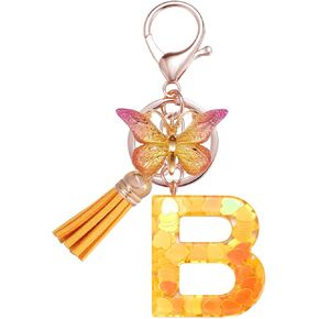 Besvatsy Yellow Fashion Alphabet Initial Letter Keychain Tassel Butterfly Pendant Key Ring for Women Purse Handbags