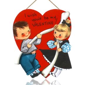 Valentine's Day Decorations Valentines Hanging Wooden Sign - Vintage Style Red Love Boy and Girl Welcome Sign for Front Door Anniversary Heart Wall Hanging Decor for Indoor Outdoor Valentines Party Supplies