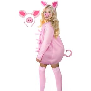 UQJE Adult Pig Costume for Women with Pink Pig Ears and Nose Costume Halloween Christmas Cuddly Animal Costumes