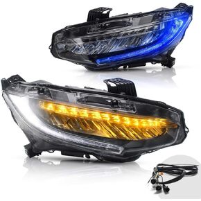 VLAND LED Headlights Assembly Compatible For 10TH Gen Honda Civic Sedan/Coupe/Hatchback/Type R 2016 2017 2018 2019 2020 2021, W/Sequential Turn Signal, LED DRLs, H/L Beam Lens