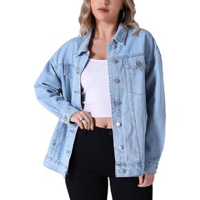 Women's Oversized Denim Jackets Long Sleeve Button Down with Pockets Fashion Trendy Jean Jacket