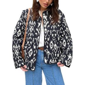 Yimoon Women's Cropped Quilted Puffer Jacket Floral Print Lightweight Padded Coat Vintage Button Down Puffy Outwear