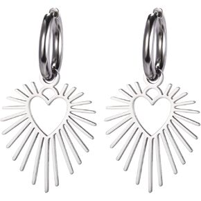 Dreamtimes Geometric Heart Sun Pendant Drop Earrings Stainless Steel Women Hoop Earring Sun Hoop Earrings Hypoallergenic Earrings for Women