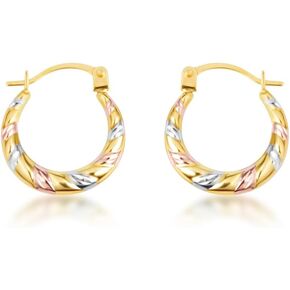 14K Tri-Color Gold Striped Diamond Cut Huggie Earrings