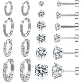 10 Pairs Cut Clear Cubic Zirconia Stud Earrings for Women Studs Hypoallergenic Surgical steel ​Hoop Earrings 3-8mm