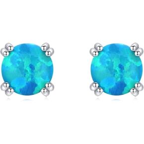 Gold/White Gold Plated Sterling Silver Opal Stud Earrings 5mm, Brazil Blue Opal Studs Earrings Hypoallergenic Jewelry for Women Girls Ladies