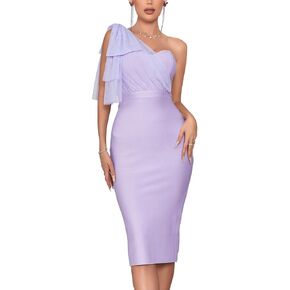 houstil Women's One Shoulder Cocktail Bandage Dress Midi Party Mesh Bow Bodycon Wedding Guest Dresses
