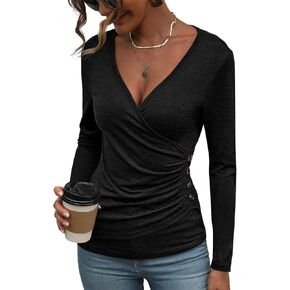 Women's Long Sleeve Deep V Neck Tops Wrap Ruched Slim Fit Shirts Button Side Blouse