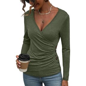 Women's Long Sleeve Deep V Neck Tops Wrap Ruched Slim Fit Shirts Button Side Blouse in Kuwait