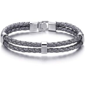 COOLSTEELANDBEYOND Grey Two-Row Braided Leather Bangle Bracelet Wristband for Mens Womens