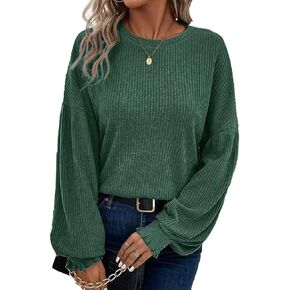 Flamingals Women's Lantern Sleeve Lightweight Sweater Shirred Cuff Sweaters Fall Tops 2024
