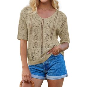 GRACE KARIN Women 2025 Summer Casual Crochet Tops Short Sleeve Sweater V Neck Hollow Out Knit Pullover Beach Coverup