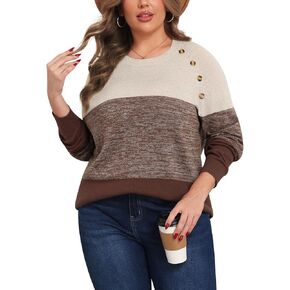 TIANZHU Plus Size Sweater for Women Colorblock Long Sleeve Crewneck Casual Loose Pullover Shirt Fall Top