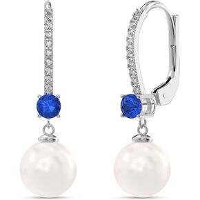 LeCalla 925 Sterling Silver Gemstone Leverback Earring Lightweight Italian Design Round Simulated Pearl Zirconia with Gemstone Leverback Drop Dangle Earrings for Women