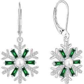 Snowflake Earrings 925 Sterling Silver Christmas Snowflake Earrings for Women Pearl Birthstone Lady Christmas Jewellery