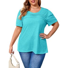 TAKEYAL Plus Size Tops for Women Puff Sleeve Pleated Front Shirts Casual Tunic Tops Crewneck Summer Blouse 1XL-5XL