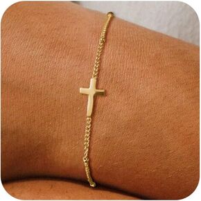 18K Gold Plated Sideways Cross Bracelets for Women Adjustable Stainless Steel Small Cross Chain Charm Faith Jewelry Religious Minimalist Gift