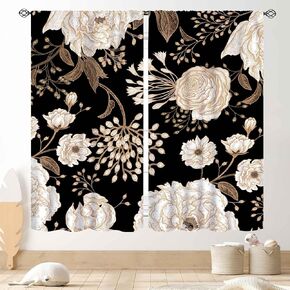 Black Floral Curtains, Boho Vintage Black Gold Peony Rose Gothic Spring Flower Blossom Art Printed Aesthetic Retro Country Window Drapes for Kitchen Bedroom Living Room Bathroom 2 Panels, 42"x45" Inch