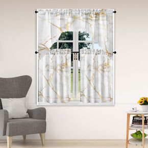 Marble Luxury Gold Tier and Swag Window Curtain Set, 3Pcs Kitchen Curtain Marble Art Valance Set White Rod Pocket Curtain for Kitchen Window Modern Unique Patterns