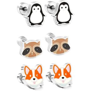 Cute Welsh Corgi Raccoon Penguin 20g Tiny Small Stud Earrings for Women Cartilage Tragus Sensitive Ear Screw Flat Back Stainless Steel Dog Animal Christmas Colorful Studs Hypoallergenic Fashion Jewelry Gifts Birthday Daughter 3 Pairs Set