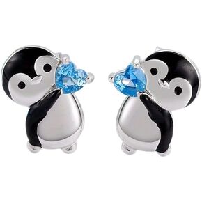 Blue Heart Crystal Penguin Stud Earrings For Women Cute Animal Zircon Pendant Earrings Jewelry