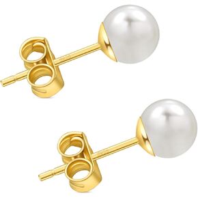 Freshwater Pearl Stud Earrings for Women, Hypoallergenic 18K Gold Vermeil Earrings Studs with Genuine Round White Pearls