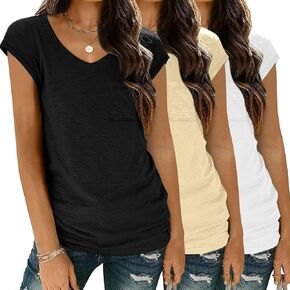 Zeagoo Womens 3 Pack Cap Sleeve T Shirts V Neck Basic Tees Tops with Pocket Fashion Trendy Casual Summer Outfits Clothes 2025