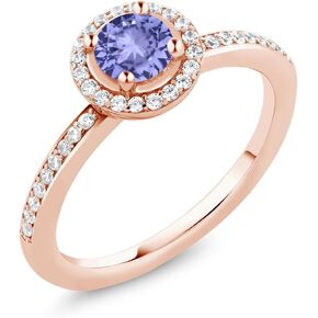 Gem Stone King 0.65 Ct Round Blue Tanzanite 18K Rose Gold Plated Silver Engagement Ring