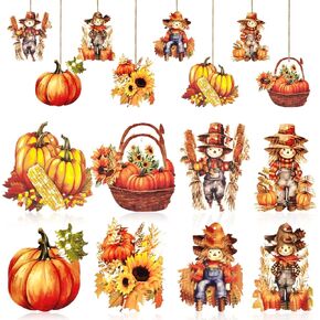 24 Pieces Fall Scarecrow Wood Hanging Ornament Fall Harvest Wooden Signs Thanksgiving Vintage Hanging Ornaments Autumn Pumpkin Wooden Cutouts for Thanksgiving Day Fall Harvest Party Favor